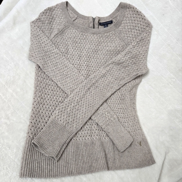 American Eagle‎ Cable Knit Preppy Sweater Sm Beige Khaki Zip Back Lightweight - Picture 1 of 7